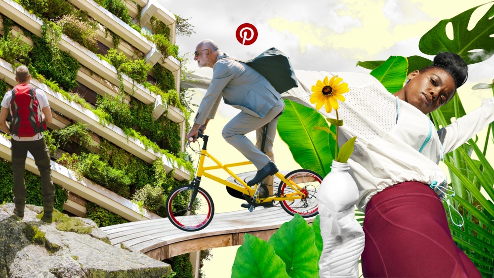 A Pinterest ad where building is covered in lush greenery, a man biking traverses a wooden bridge and a woman stands amid green plant stalks.